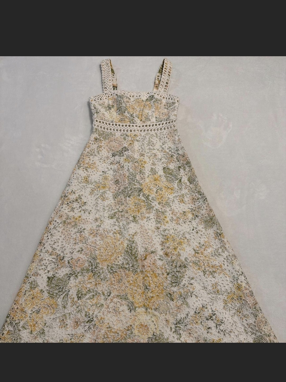 Zimmermann Cream Lace Midi Dress with Yellow and Green Floral Print
